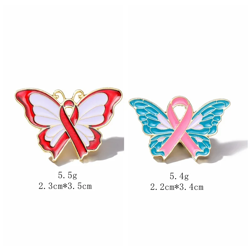 Stainless Steel Red Pink Butterfly Ribbon Brooch Pins Breast Cancer Awareness Enamel Ribbon Tie Clothes Lapel Badge Jewelry Gift