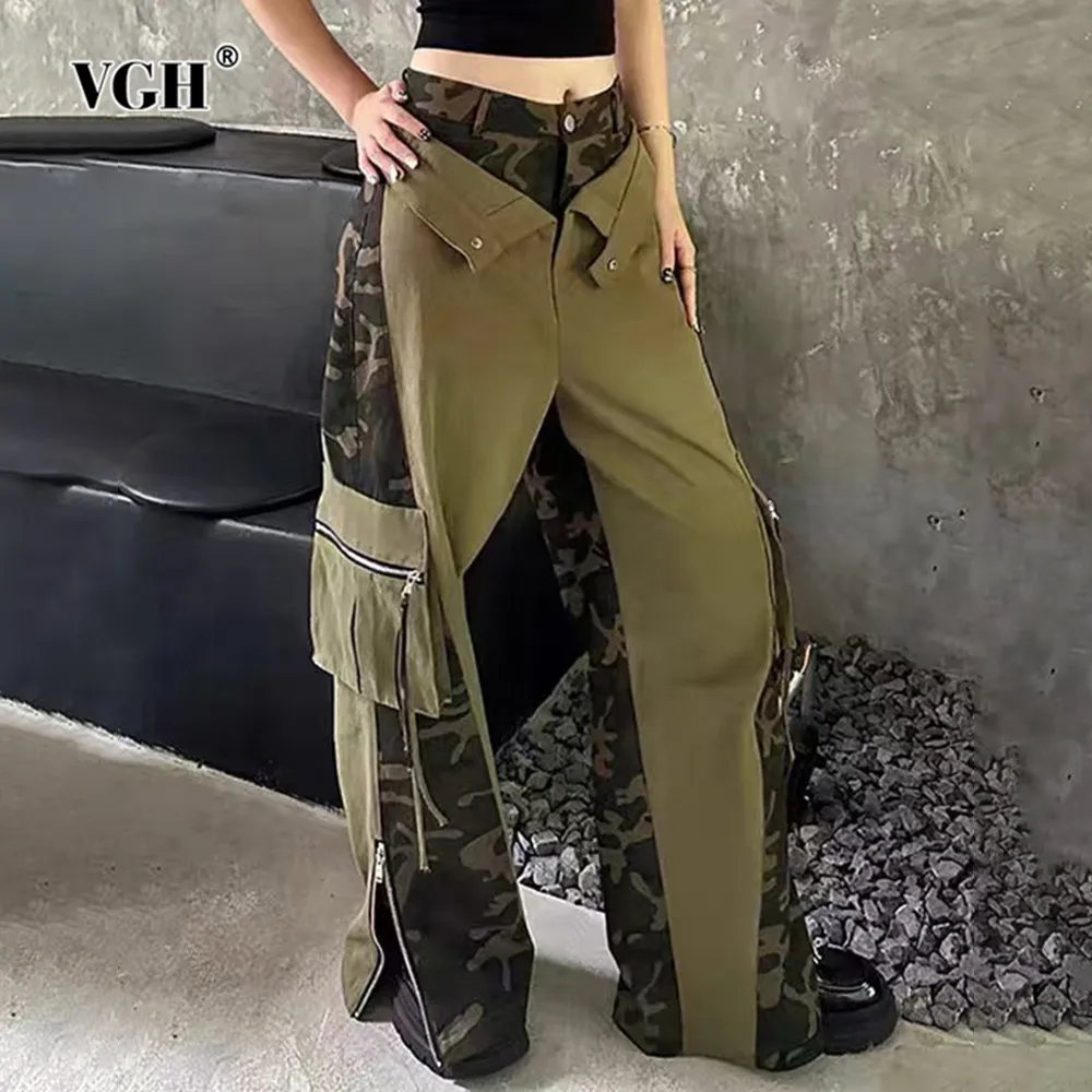 

VGH Colorblock Patchwork Button Straight Pants For Women High Waist Spliced Zipper Loose Streetwear Trousers Female Fashion New