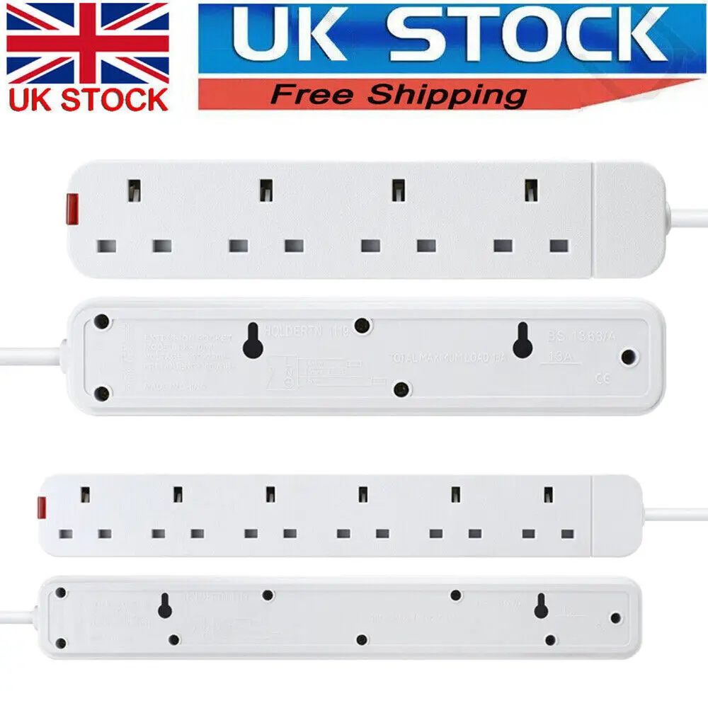 2.5M 3120W Universal Power Strip Electric Socket 4/6 OUTLETS UK Plug White Extension Lead Cable Electric Plug Socket