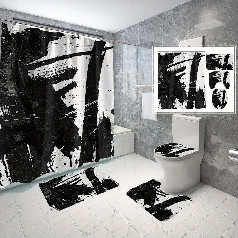 

4pcs Ink Painting Bathroom Curtain Digital Print Polyester High Quality Shower Curtain No-Hole Bathroom Partition