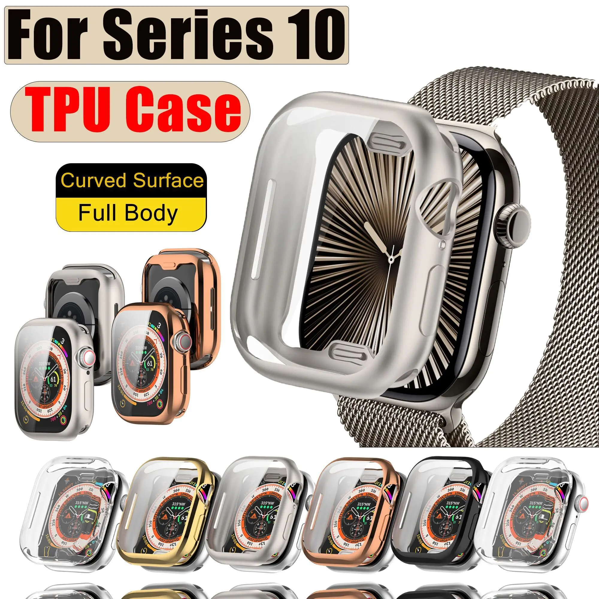 TPU Case For Apple Watch S10 Series 10 42mm 46mm Smart Band Full Cover Screen Protector With Cleaning Anti-scratch Film Bumper