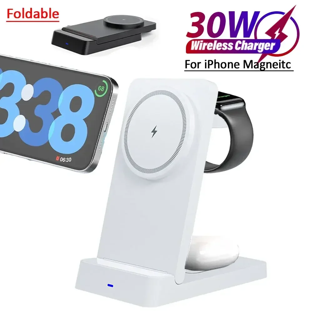 3 In 1 Magnetic 30W Wireless Charger Pad Foldable Fast Charging Station For Magsafe iPhone 16-12 Pro Apple Watch 1-9 Airpods Pro