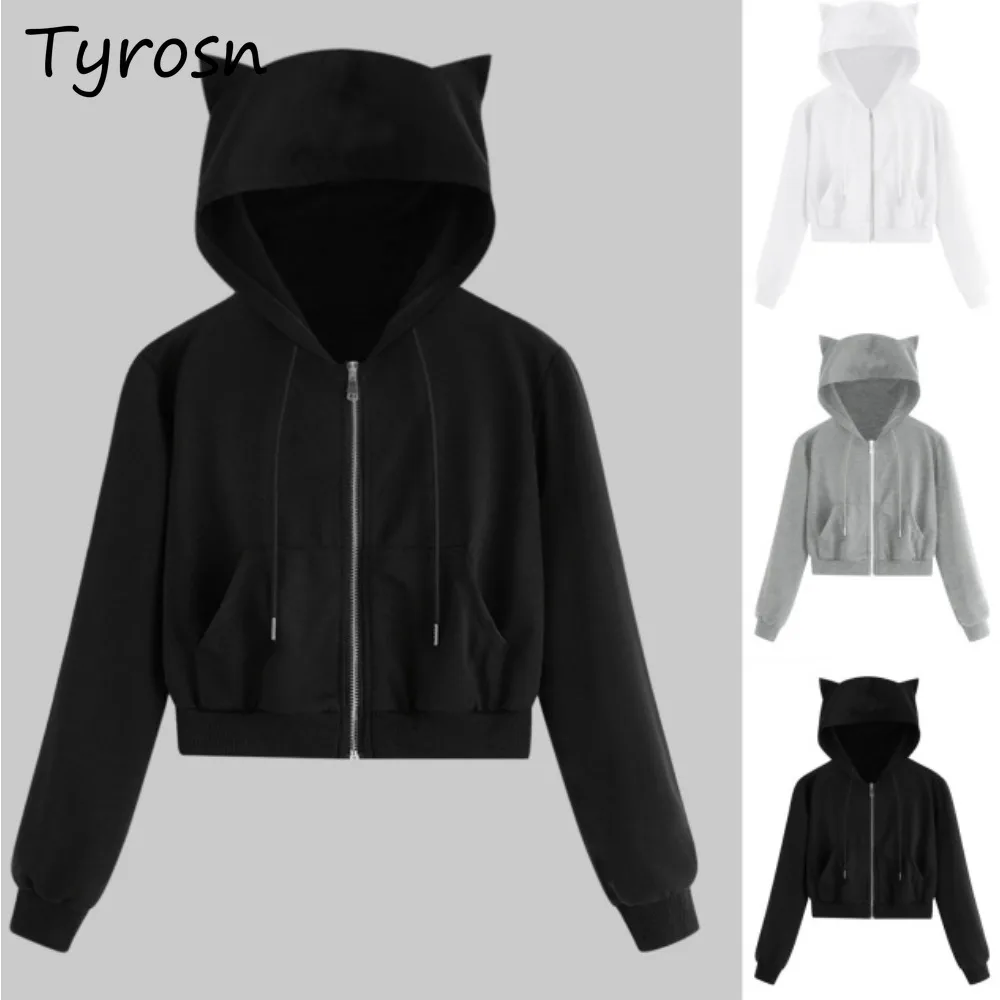 

Lovely Women Hoodies Creativity Zipper Long Sleeve Solid Colors Fitness Japanese Style Schoolgirls Kawaii Streetwear Drawstring