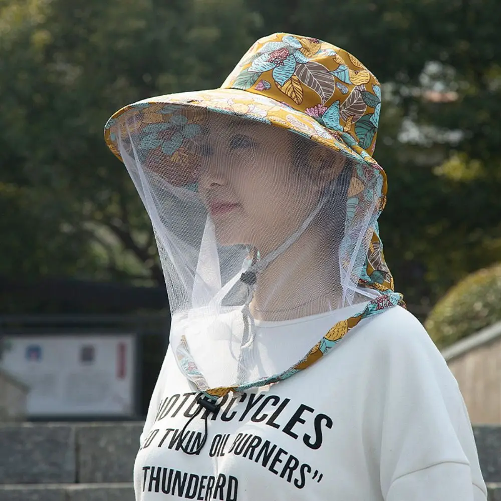 

Fashion Floral Mosquito Hat Anti-UV Wide Brim Bucket Hat Face Neck Protection Breathable Insect Proof Cap Outdoor