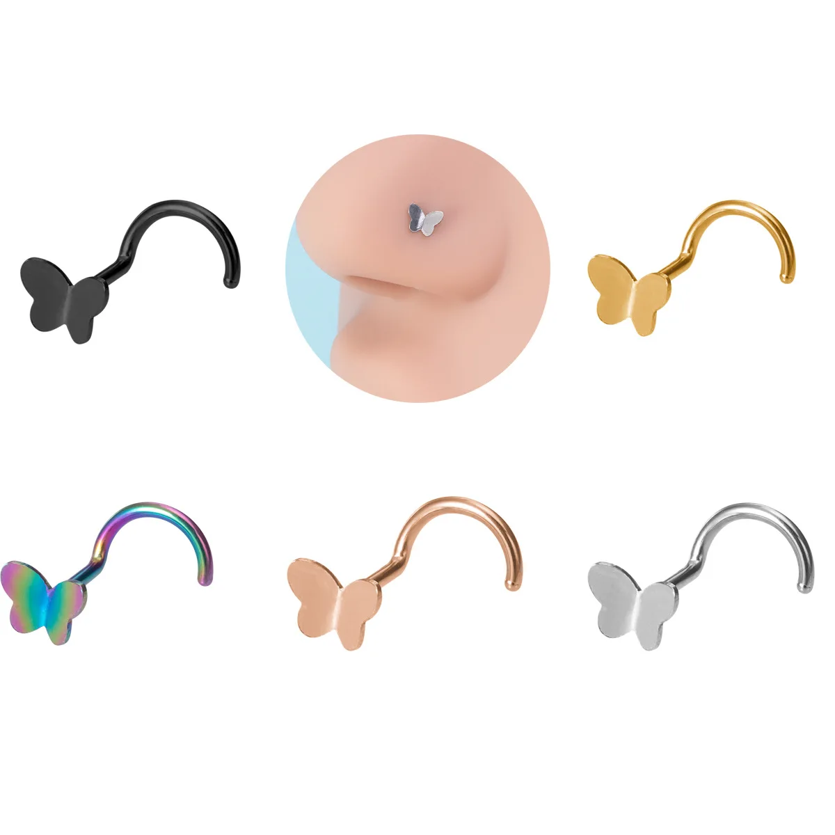 1 Stück 20G Edelstahl Nasenstecker für Frauen Nasenpiercing Gebogener Schmetterling Nasenring Ohrring Nasenstecker Piercing-Schmuck
