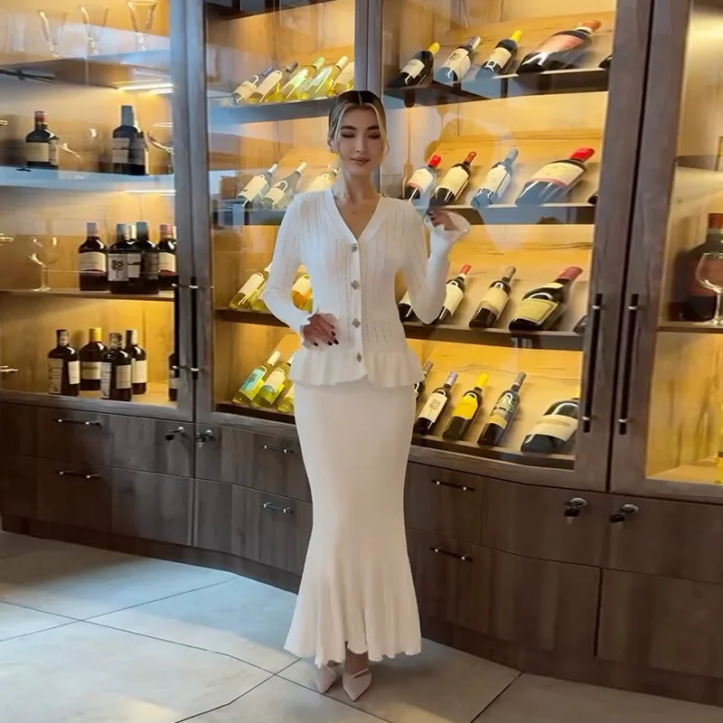 Spring Elegant Knitting Two Piece Set Women V-neck Hollow Out Ruffled Top+High Waist Fashion Bust Skirt Suit Female Knit Outfit image 3