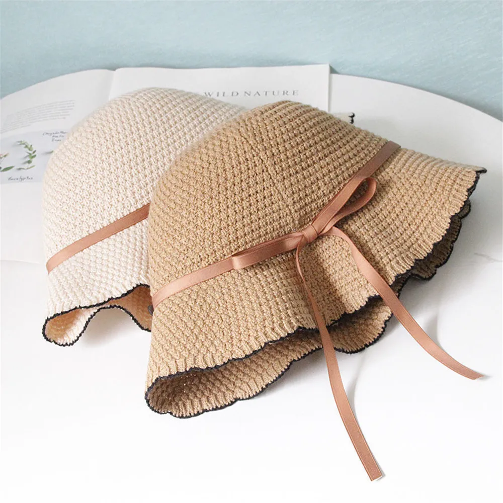 

Korean Wide Brim Floppy Bucket Hat Fisherman Cap For Women Lady Summer Sweet Beach Wave Straw Panama Hat Fashion Anti Uv Sun Hat