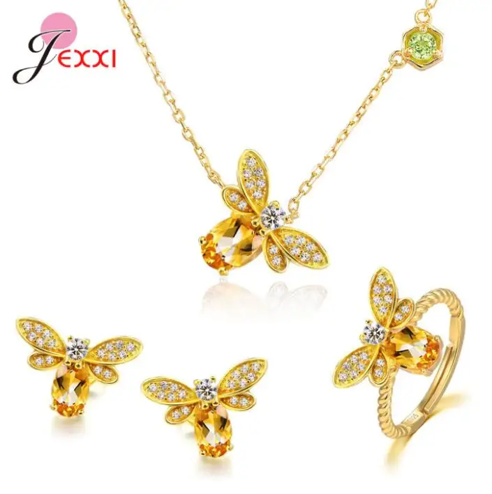 New Arrival Women Fashion Full Sets Bee Jewelry 925 Silver Trendy Gold Color Bracelet Earrings Pendant Necklace For Sale