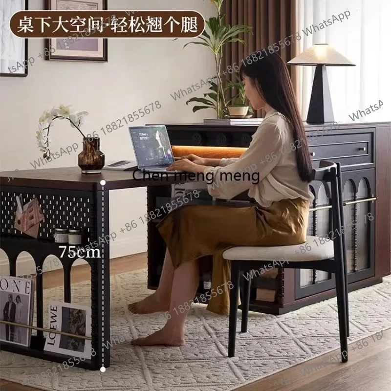 

E136 French solid wood island family small apartment dining table integrated rock slab storage table restaurant retro retractab