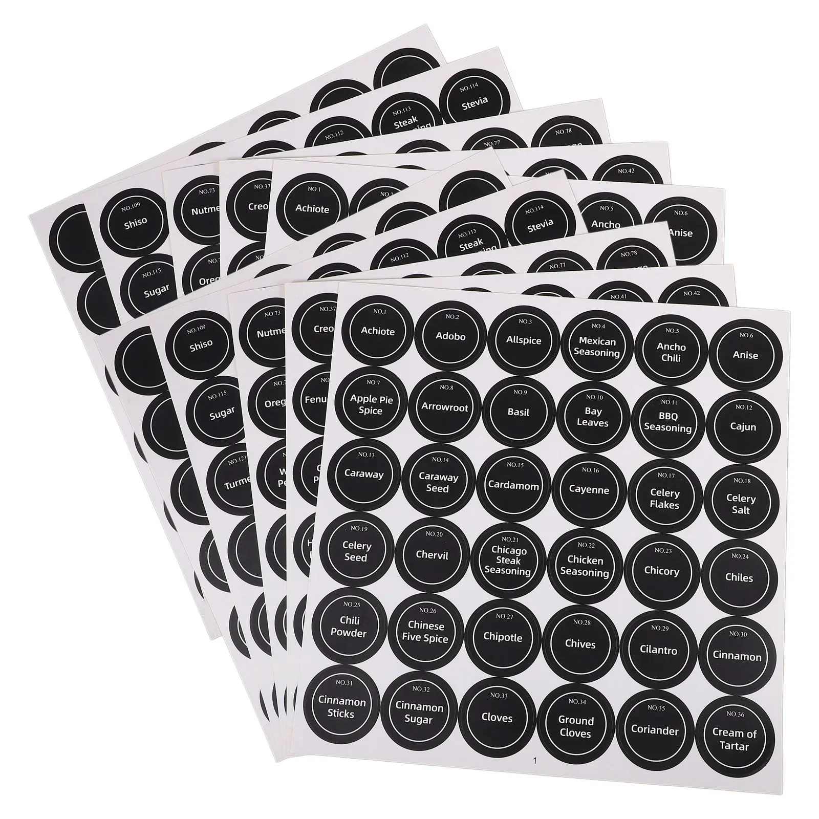 20 Hojas de Etiquetas Redondas Preimpresas en Inglés para Frascos de Especias, Etiquetas Impermeables Negras para Condimentos de Cocina, Etiquetas para Despensa