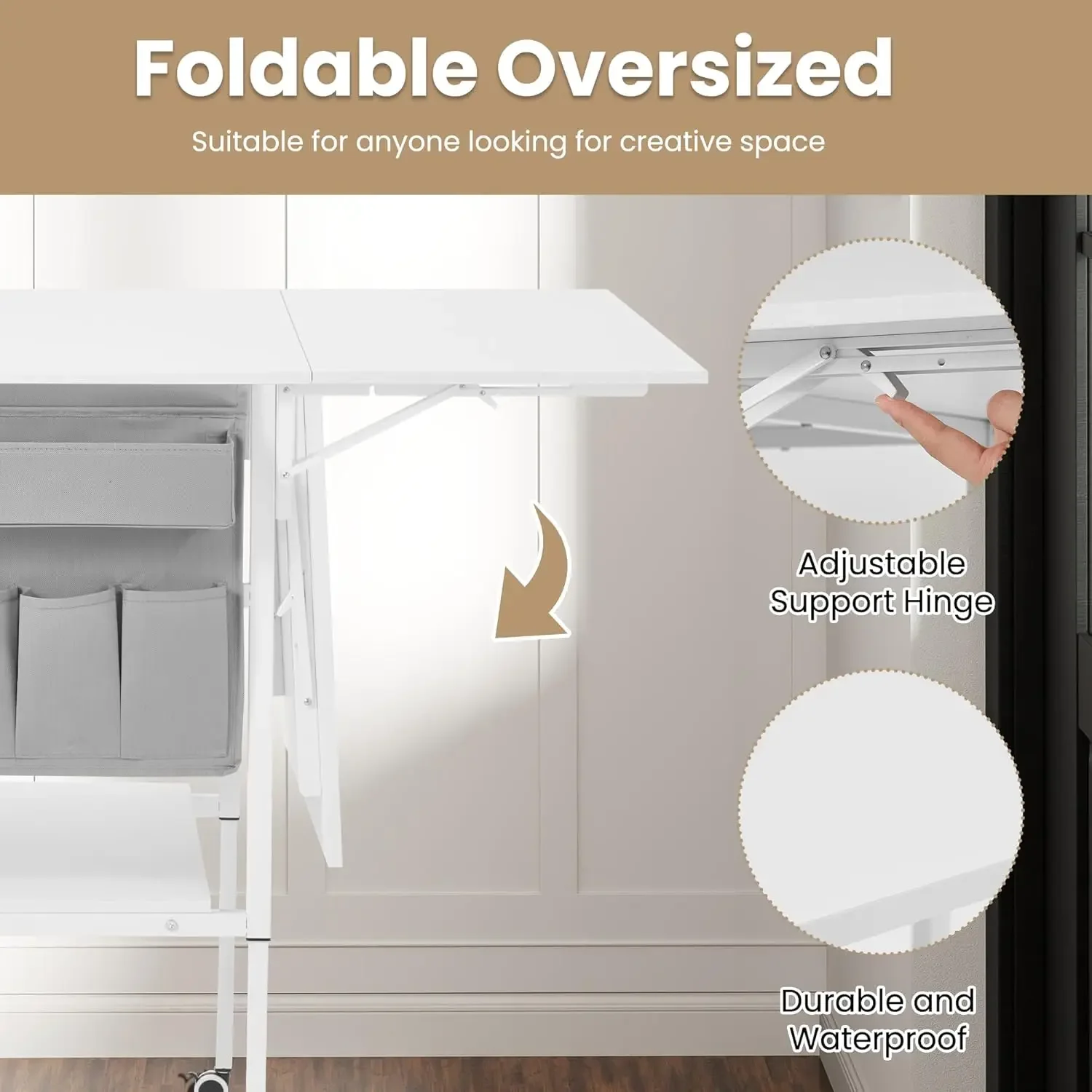 [XMSJ] طاولة خياطة قابلة للتعديل الارتفاع مع أرفف تخزين وحقيبة تخزين، طاولة قطع متنقلة قابلة للطي لمكتب قماش كبير