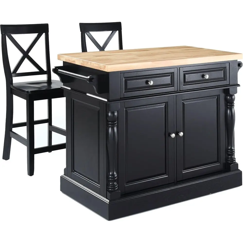 

Черный кухонный остров с кофейной зоной и 2 табуретами с X-образной спинкой, в стиле разделочного стола (RD Butcher Block)