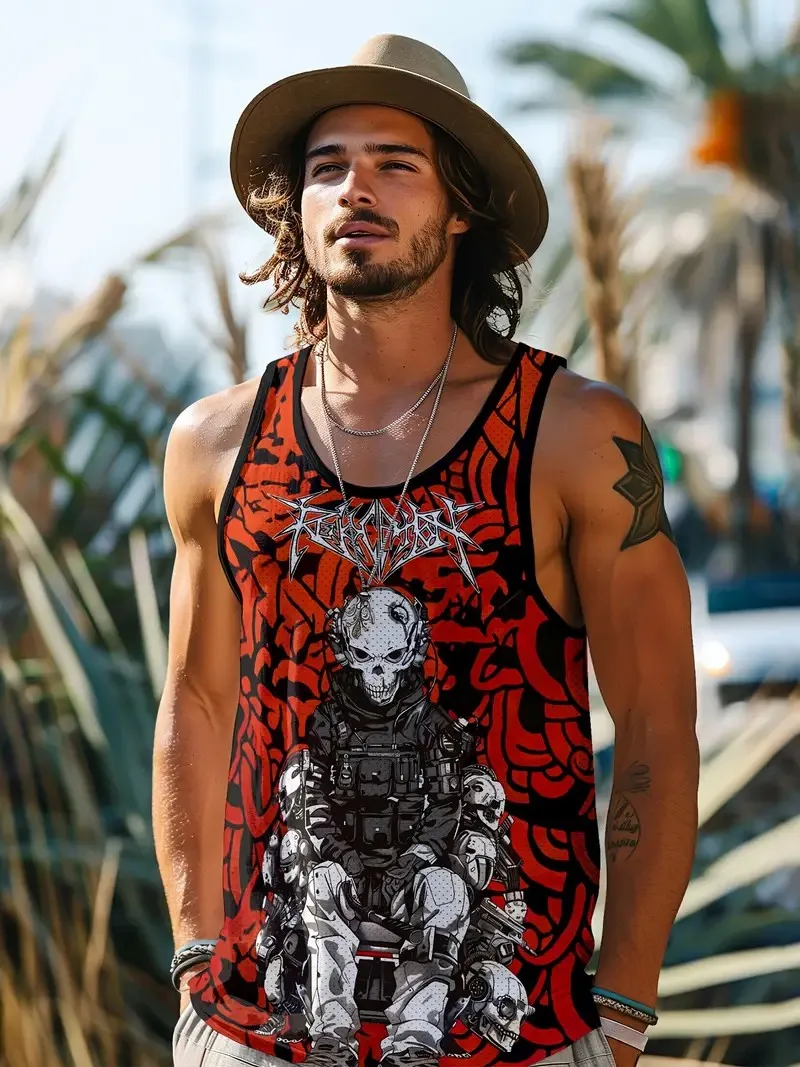 Męska koszulka bez rękawów w stylu vintage Modna odzież z nadrukiem Casual Outdoor Streetwear Odzież fitness Męska odzież sportowa Pullover