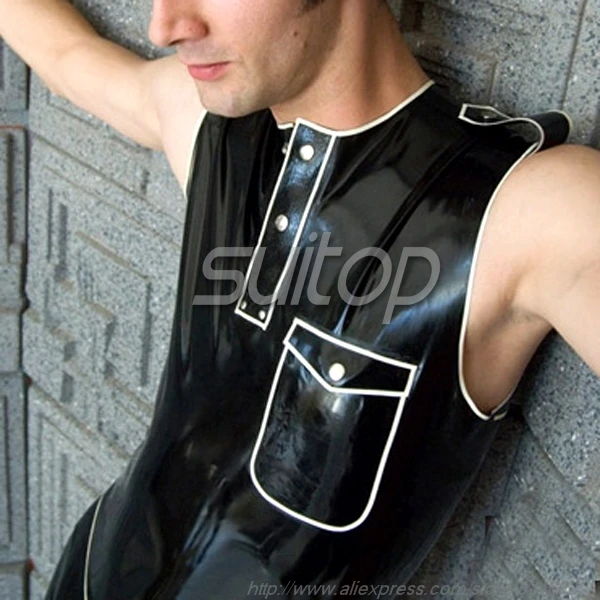 

Men 's latex T-shirt Rubber Tee shirts top in black and white trim