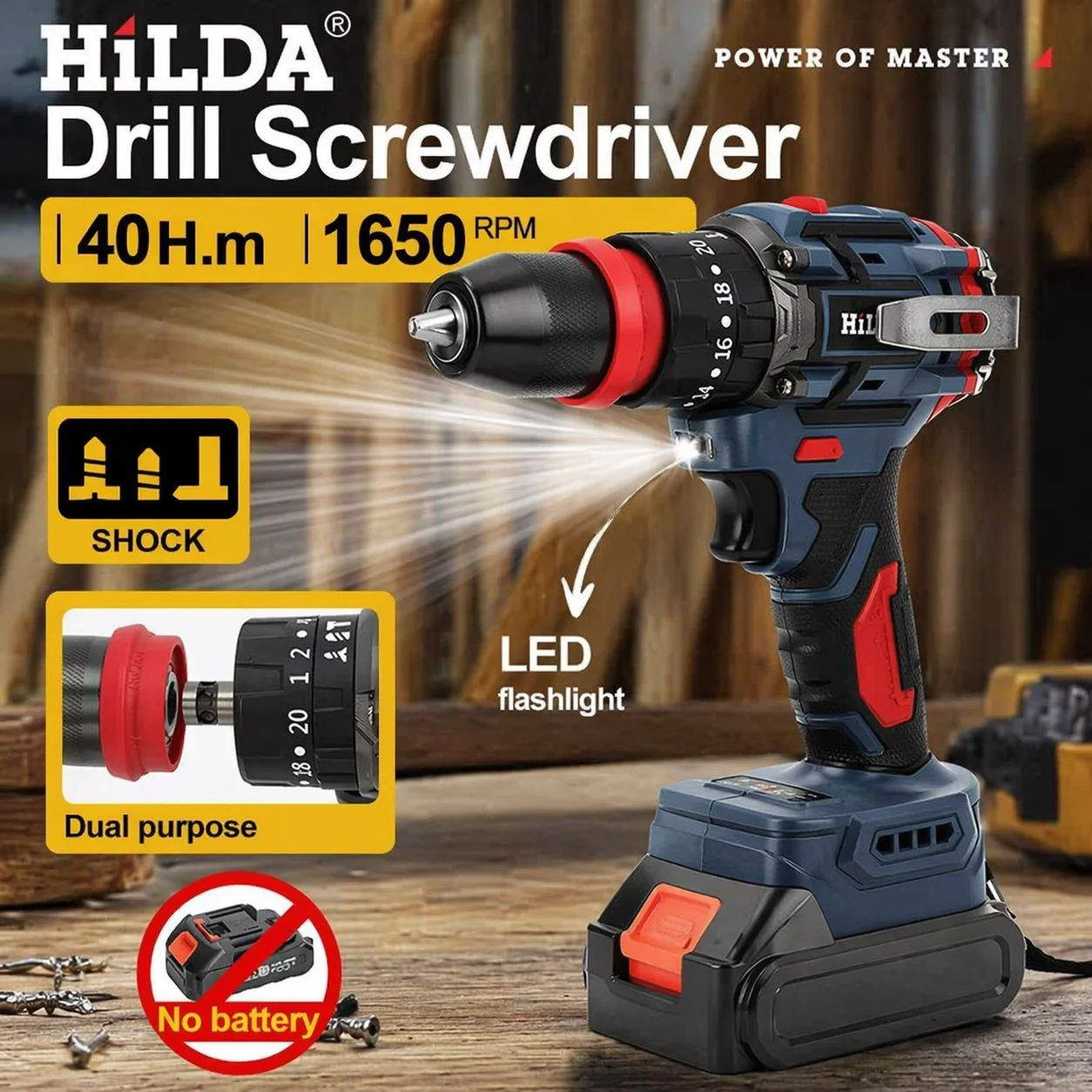 HILDA Brushless Electric Drill Rechargeable with LED Lights Portable Multi-function Electric Screwdriver For 21V Makita Battery