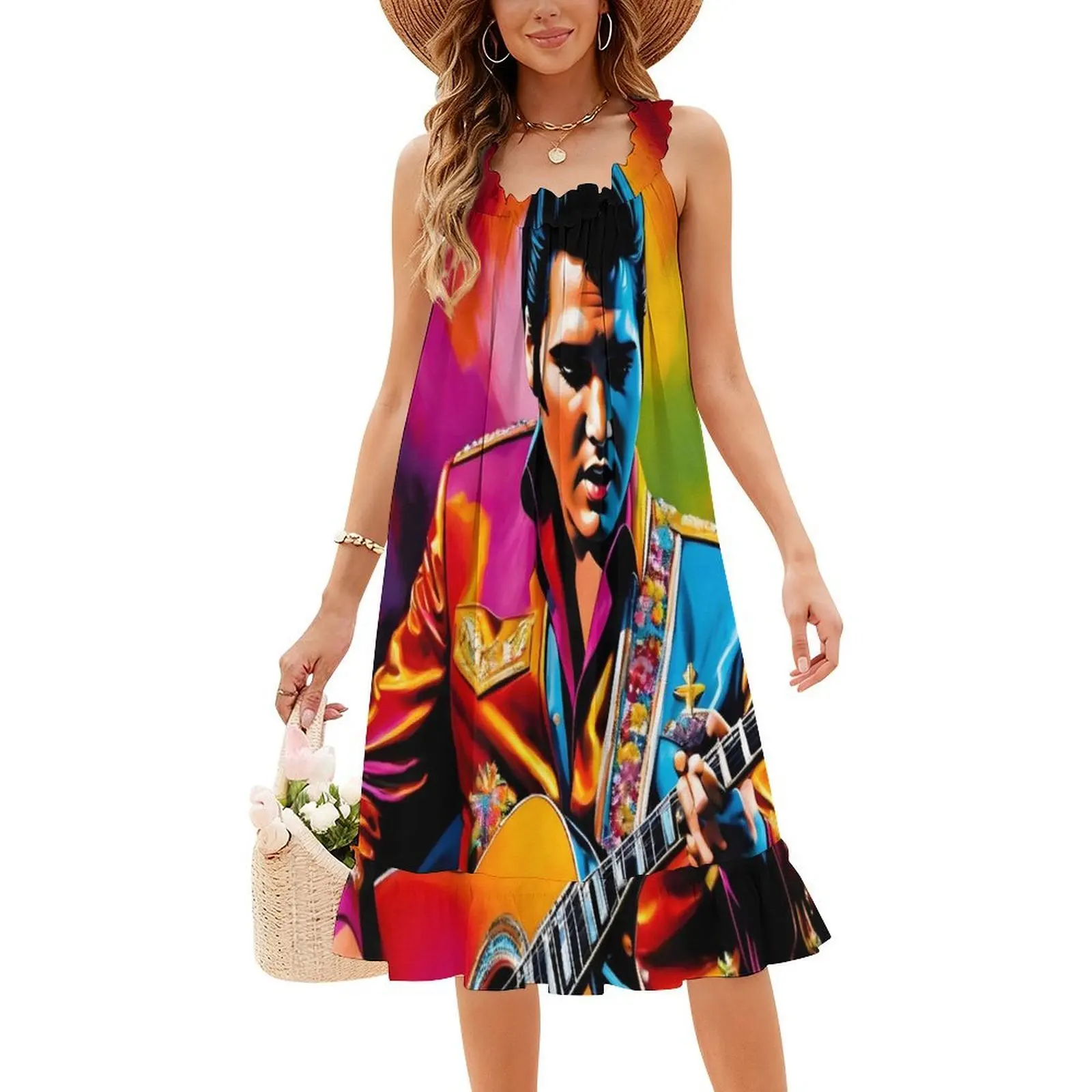 فستان إلفيس مع جيتار بوهيمي بدون أكمام متعدد الطباعة لحفلات العطلات على الشاطئ إلفيس الملك ممفيس ممفيس مافيا للسيدات