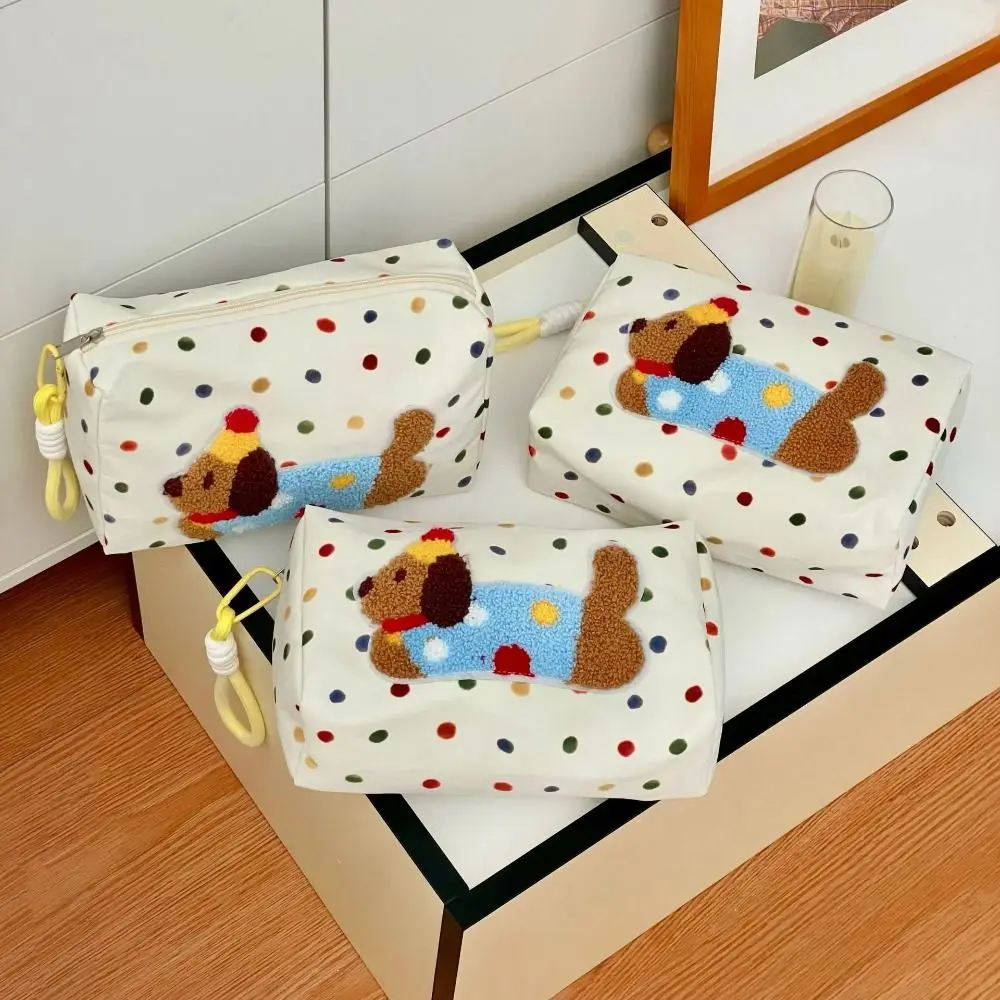 

Portable Cotton Cosmetic Bag Large Capacity Zipper Stationery Bags Handheld Polka Dot Dachshund Travel Toiletries Bag Women