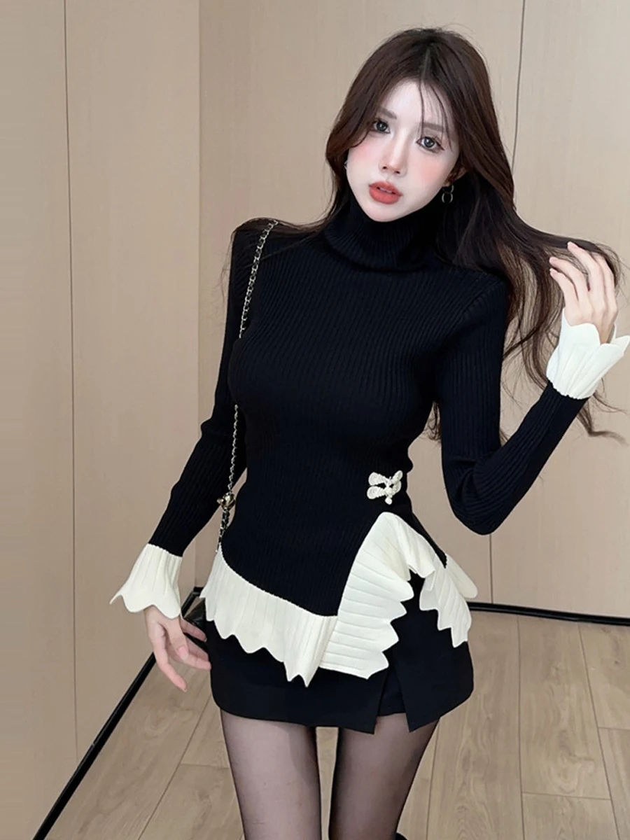 Sexy High Neck Color Block Long Sleeve Base Shirt French Style Slim Fit Knitted Top Casual Wear Daily Life Fashionable Bottom...