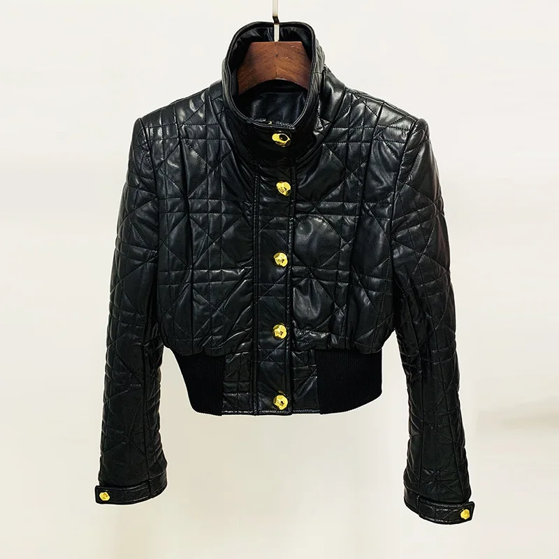 Classic Gold Buttons Black Leather Jacket Women Motorcycle Lapel Long Sleeves New in Outwears Ladies Slim Short Coats Women