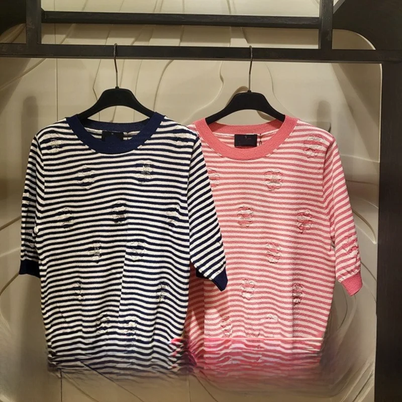 

Lightweight Breathable round Ne Striped ort Sve Knitted Sweater Spring Summer Korean Sle Comfortable Soft Fabric Top