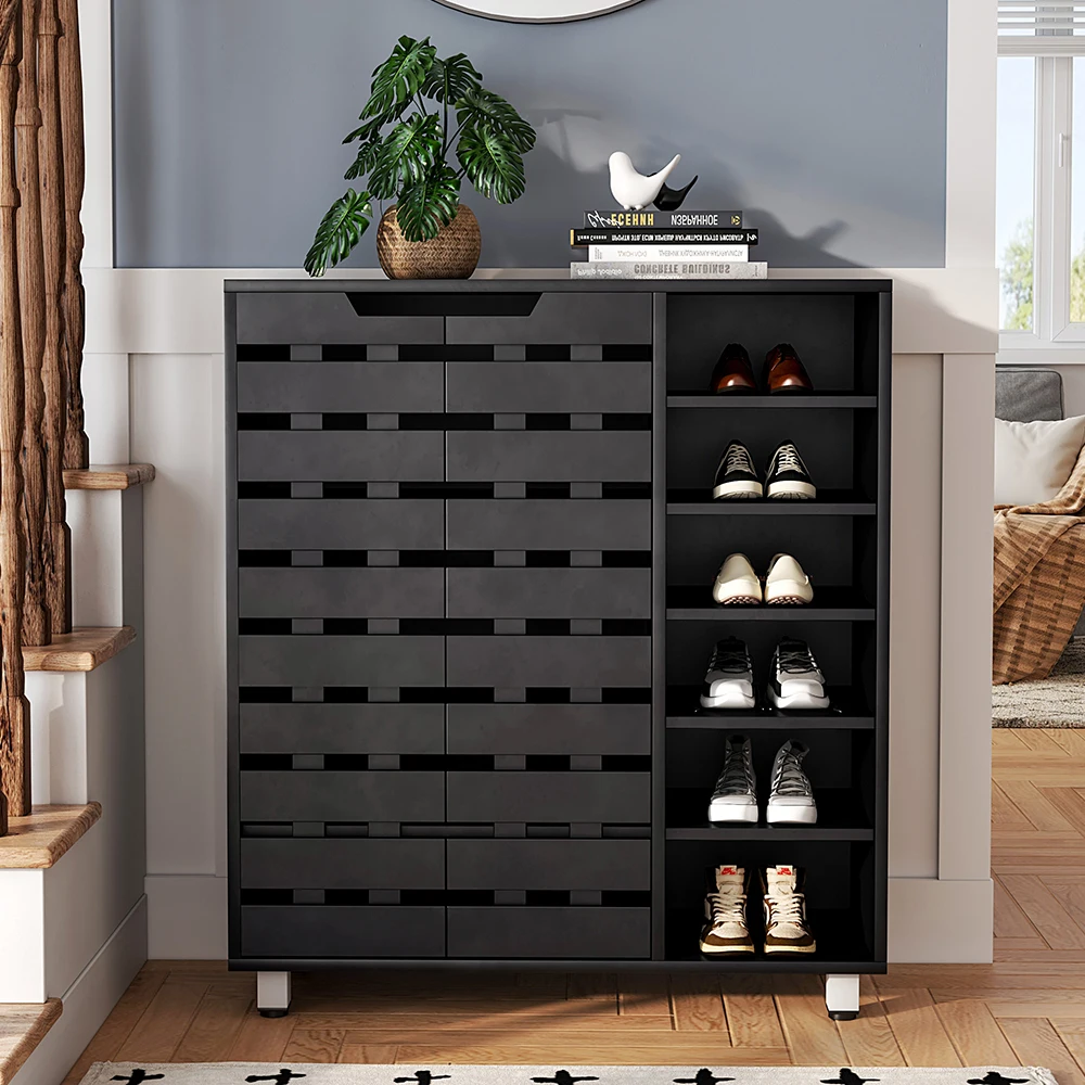 6-Tier Black Shoe Cabinet Large Capacity with Double Doors Open Shelves