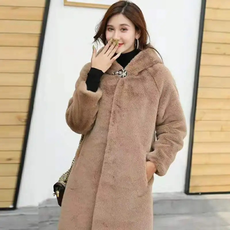 Spring Style Imitation Rex Rabbit Fur Mink Velvet Fur Coat Autumn and Winter Women's Mid-length Thickened Warm Hooded Coat