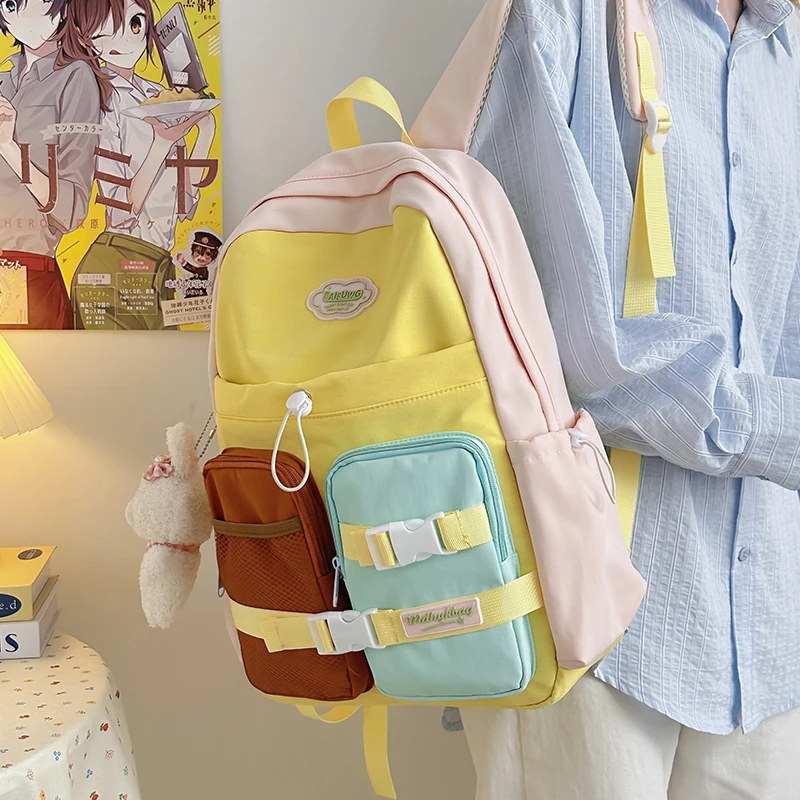 Women Color Block Canvas Backpack Multi Pocket Design Plush Bunny Charm Adjustable Strap Casual Daily School Bag 2026 Back Pack