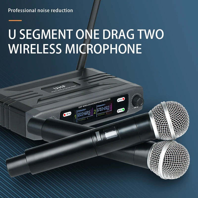 Microfone sem fio handheld duplo canais freqüência uhf fixo dinâmico microfone para karaoke festa de casamento banda mostrar igreja venda quente