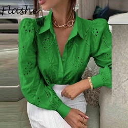 Elegant Long sleeve Blouse Women Turn Down Collar Lace Embroidery Button Shirts For Women Fashion Shirt White Green Pink Black