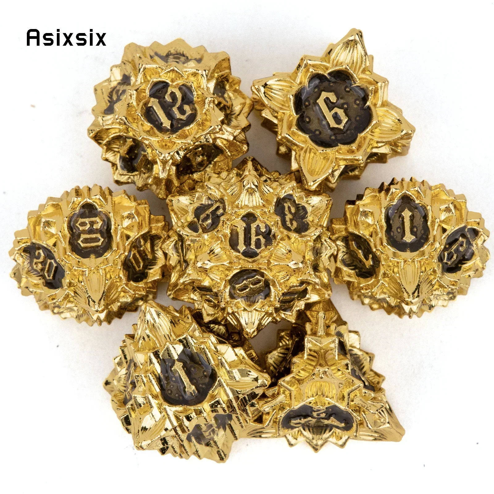 

7 Pcs Golden Black Lotus Flower Metal Dice Solid Perfect For Rpgs, Board Games, And Card Games.Dice For Games, Dnd Dice Set