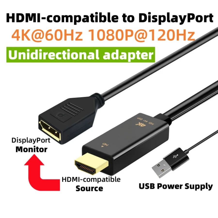 

Адаптер HD DisplayPort 4K @ 60 Гц с USB-кабелем питания, однонаправленный преобразователь HDMI-совместимого с DP для компьютерного игрового монитора