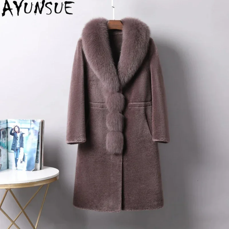 

Casual AYUNSUE Sheep Shearing Jacket Winter Luxury Fox Fur Collar Mid-length 100% Wool Coats for Women Fashion Coat Jaquetas