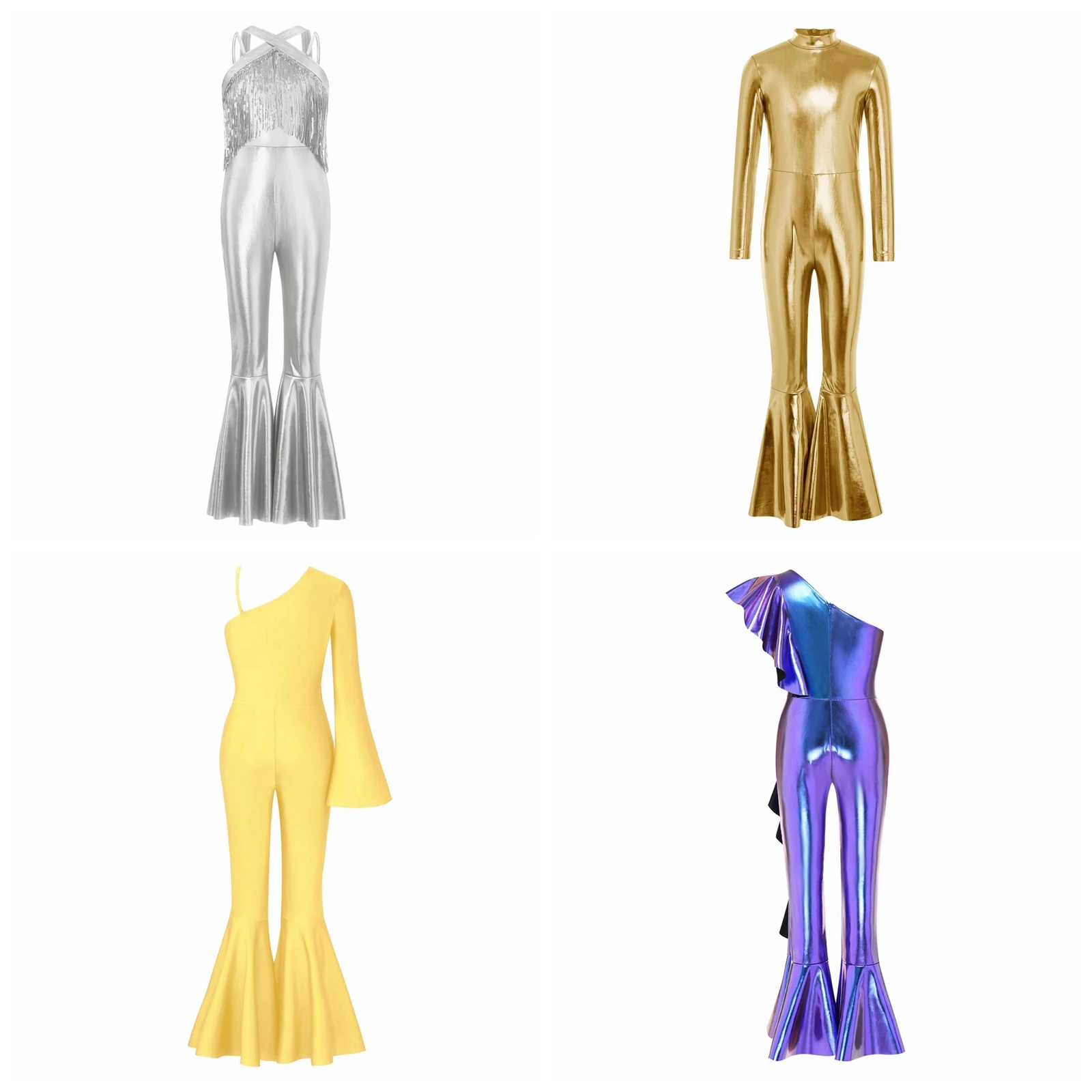 Children's Sequins Sparkly Jumpsuits Girls 70s Disco Tap Costume Shinny Romper Flared Jumpsuit Kids Party Rave Birthday Outfits