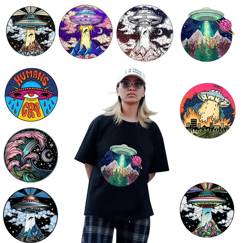 Cartoon Round Thermal Heat Transfer For Clothing Iron On Colorful UFO Transfers For Clothes Appliques For Washable T-shirt