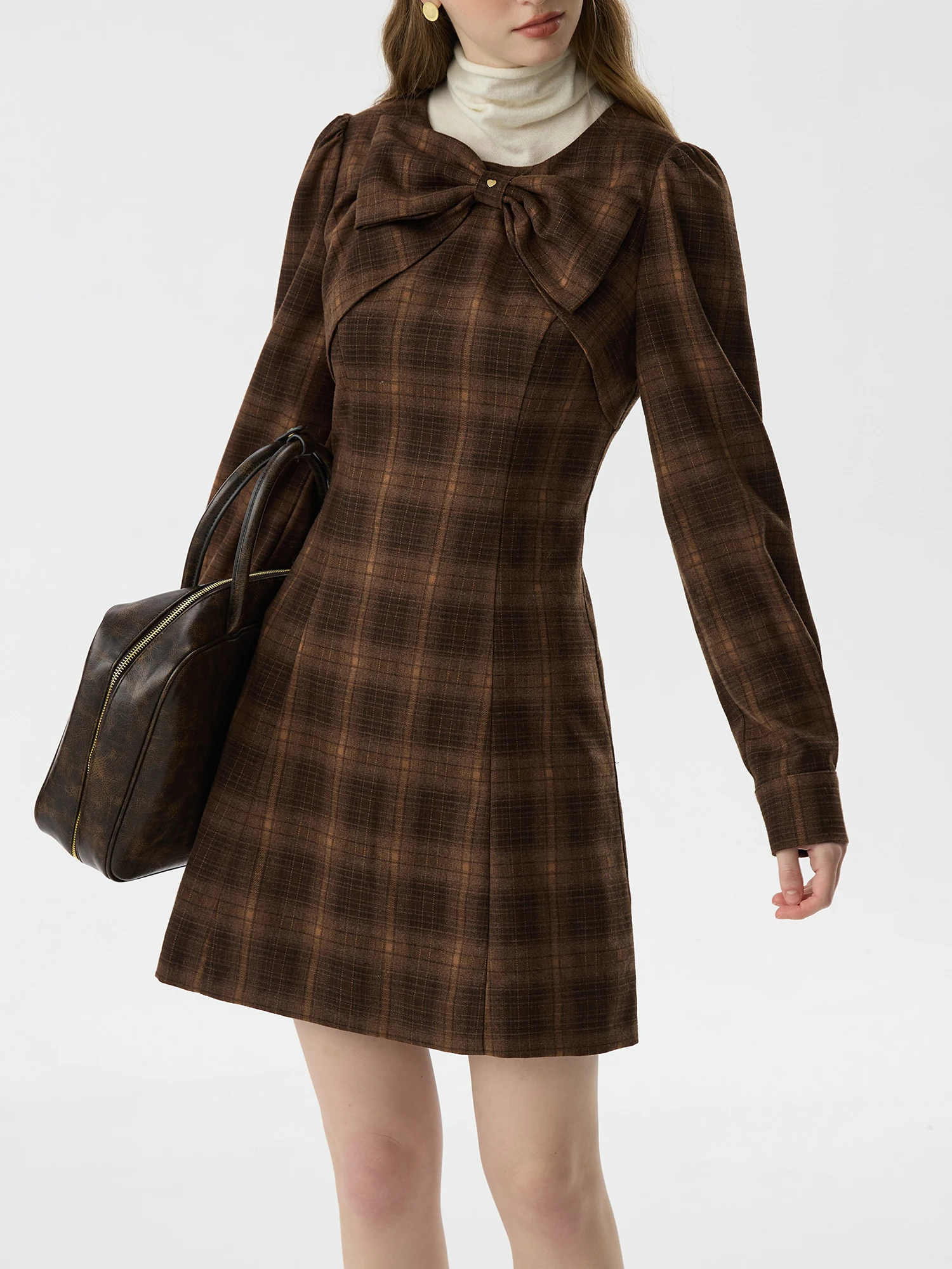 FSLE Women Plaid Long Sleeve Dress Bow Decoration Puff Sleeve Above-Knee Length Female Winter Thicken Dresses 24FS14626