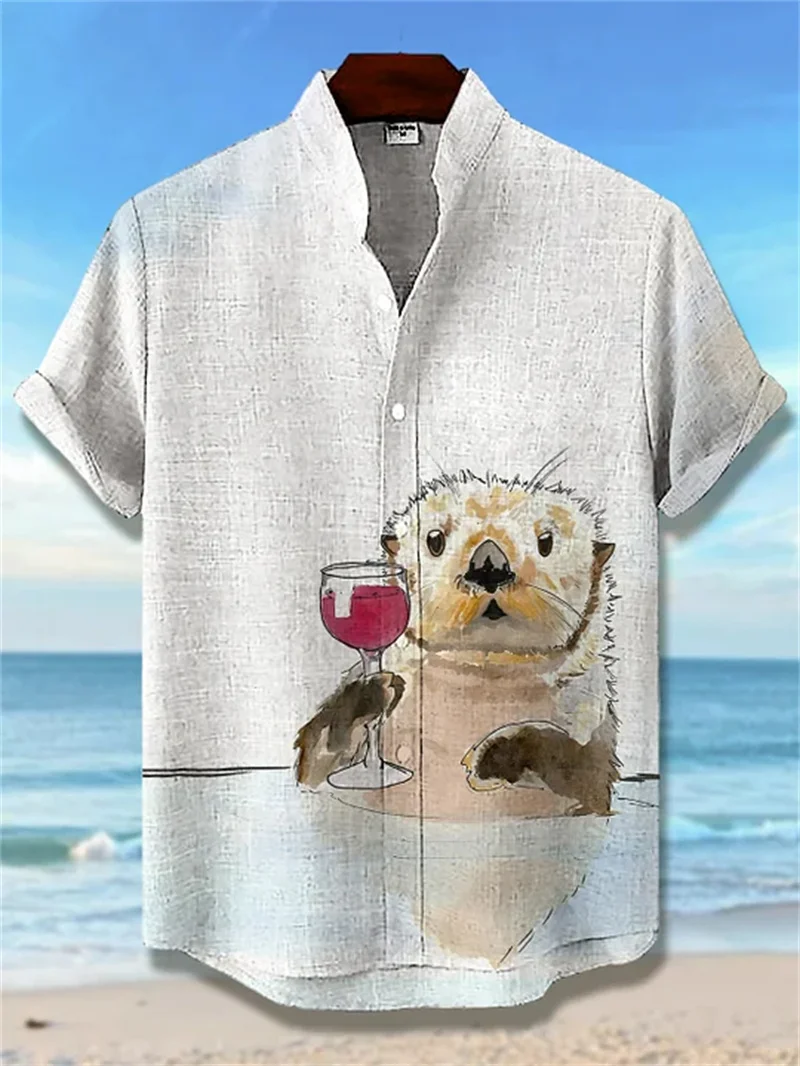 

Новая мужская льняная рубашка с изображением кота, гавайская рубашка с 3D животным принтом, мужская рубашка с короткими рукавами и лацканами, пляжный топ