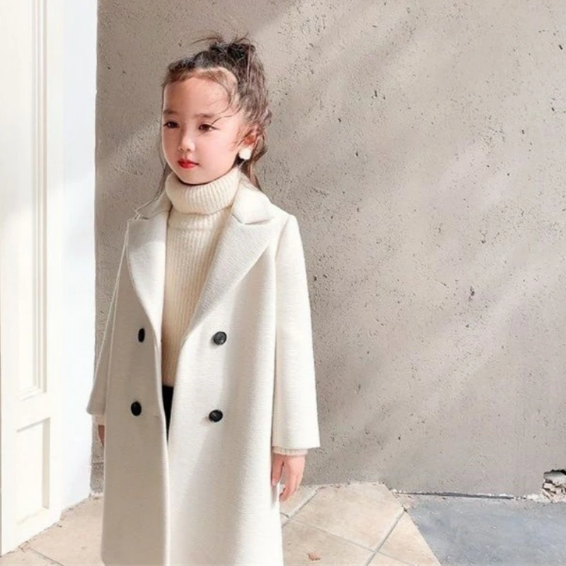 Girls Woolen Coat Overcoat Jacket Windbreak 2024 White Warm Plus Thicken Autumn Winter Cotton School Children\'s Clothing