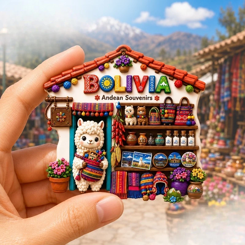 Bolivia Alpaca Market Fridge Magnet - Colorful 3D Andean Souvenir Unique South American Gift for Travel & Boho Decor