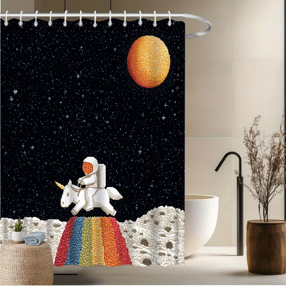 1 cortina de ducha de astronauta, unicornio, galaxia espacial, diseño de luna, arcoíris y estrellas, poliéster resistente a la decoloración, 70,8x70,8 pulgadas