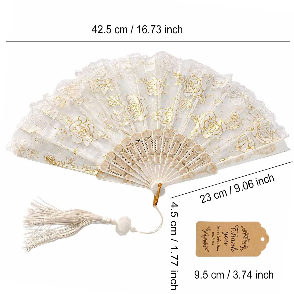 White Lace Folding Hand Fan, Gold Rose Embroidery Fan,For Wedding Bridal Shower Party Favor Photo Prop GYH