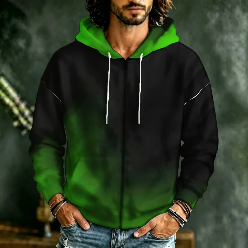 Sweat-shirt à capuche zippé pour homme, imprimé dégradé tie-dye avec motif de montagne en 3D, cordon de serrage, vêtement décontracté pour homme