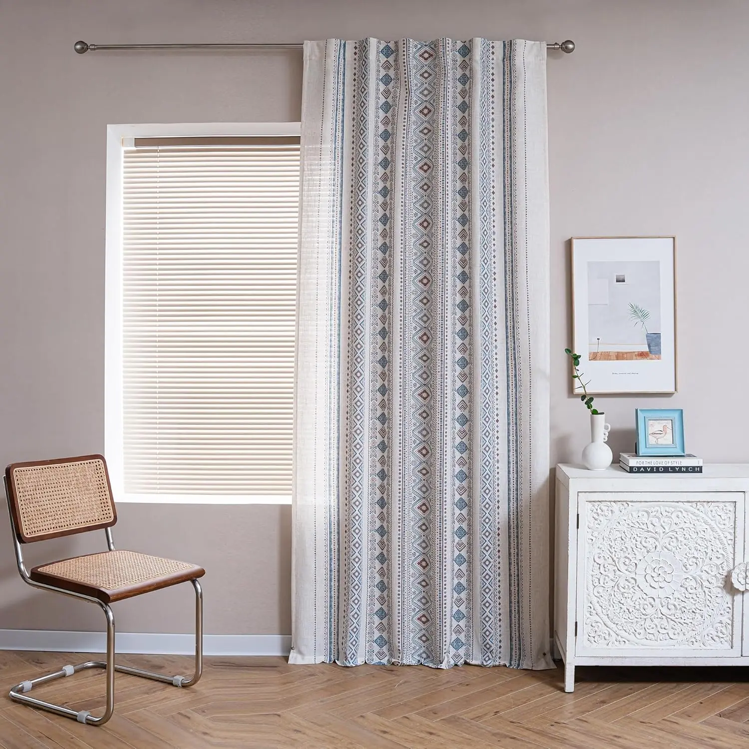 Mysky Home tirai jendela 95 inci Semi tipis, filter cahaya ruang tamu bergaris geometris Boho tampilan Linen untuk ruang tamu