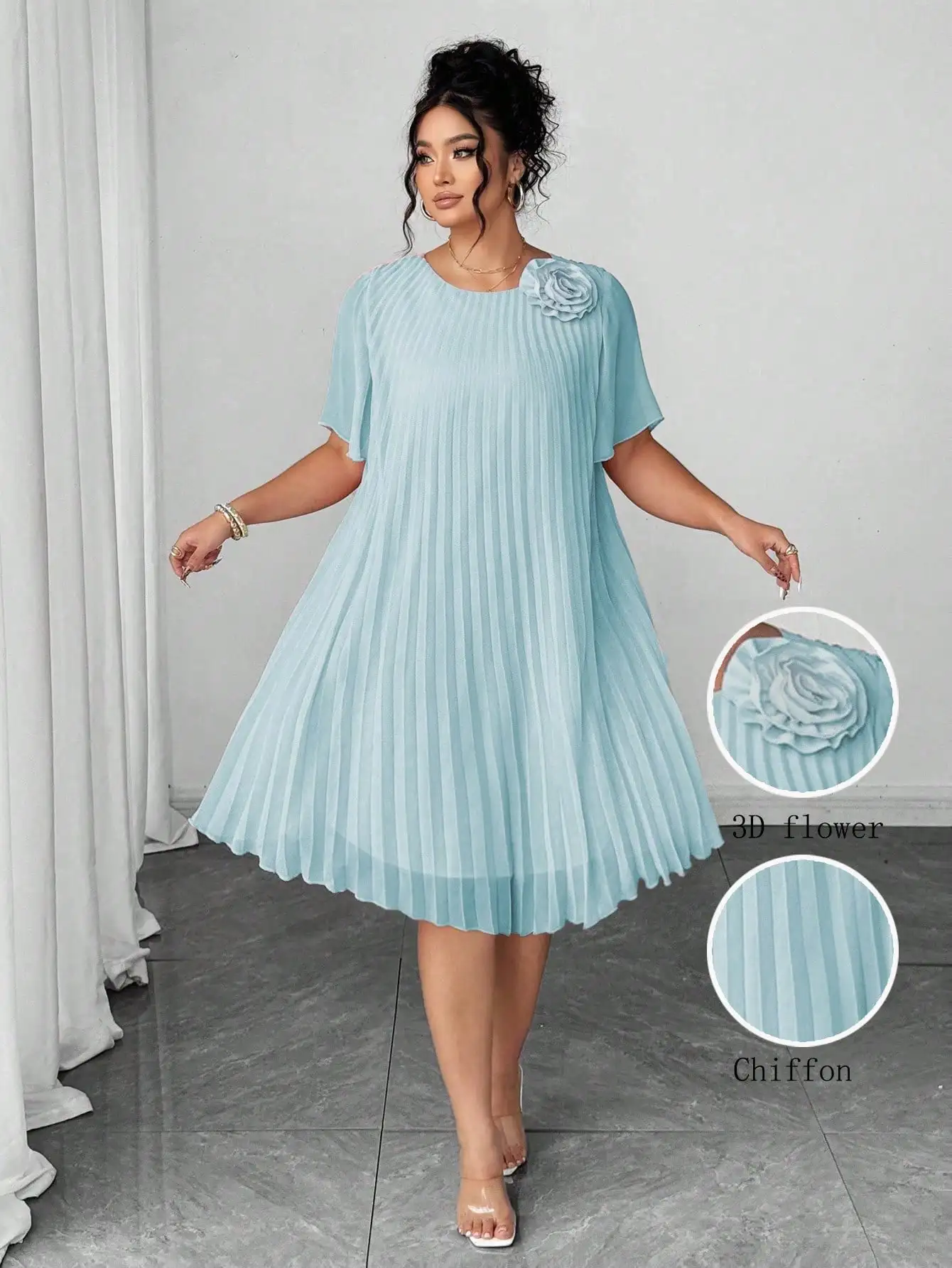 

Женское шифоновое плиссированное платье А-силуэта больших размеров с 3D цветочным принтом, коротким рукавом и круглым вырезом, весна-лето