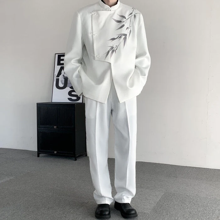 

New Chinese Sle Men's Suit White Zhongan Coat Wedding Registration National Sle Stand Collar Oblique Flap Buttoning Suit