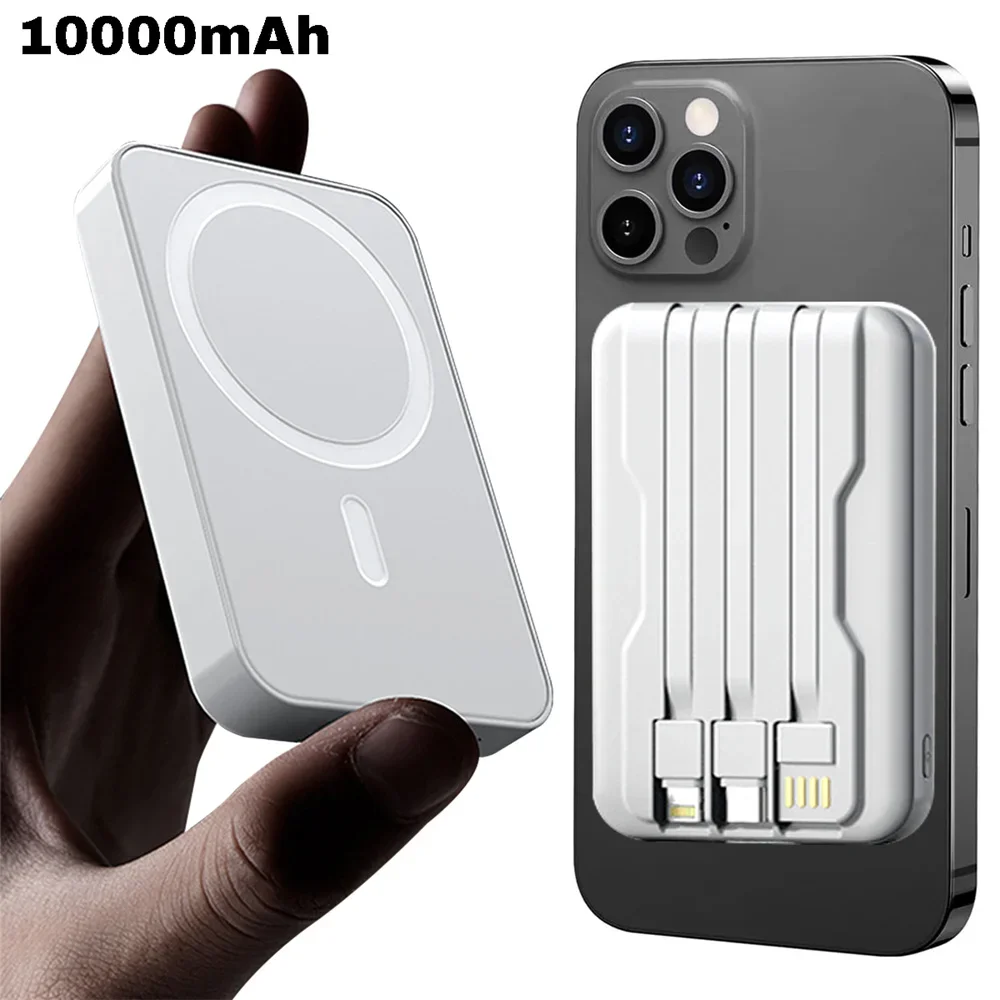 Portable Mini Wireless Magnetic Power Bank, 15W, 10000mAh, 15W, Built-in Cable, Suitable for iPhone 1514, Xiaomi, HUAWEI