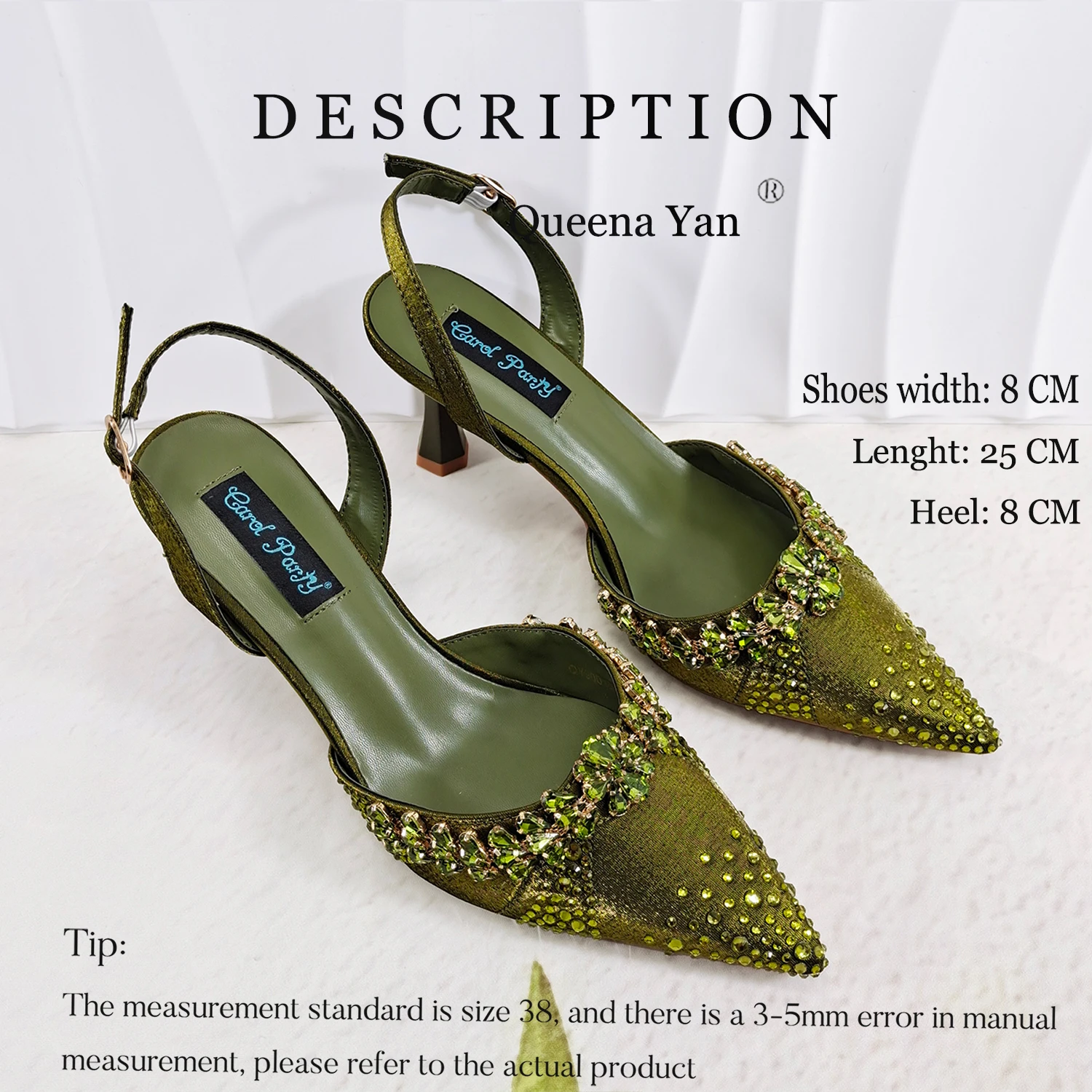 

INS Hot Selling Olive Color Fashion Mature Style Rhinestone Decoration Design Party Wedding Pointed Toe High Heels and Bag Set