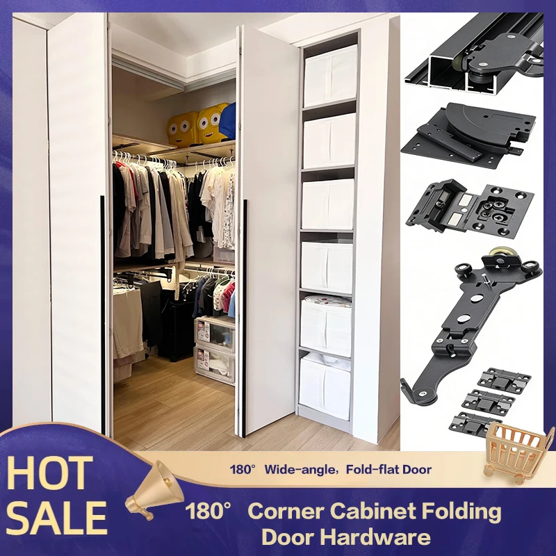 180 Degree Folding Door Hardware Kit Bi-Fold Hinge For Open Metal Wardrobe No Bottom Track Space Saving 286