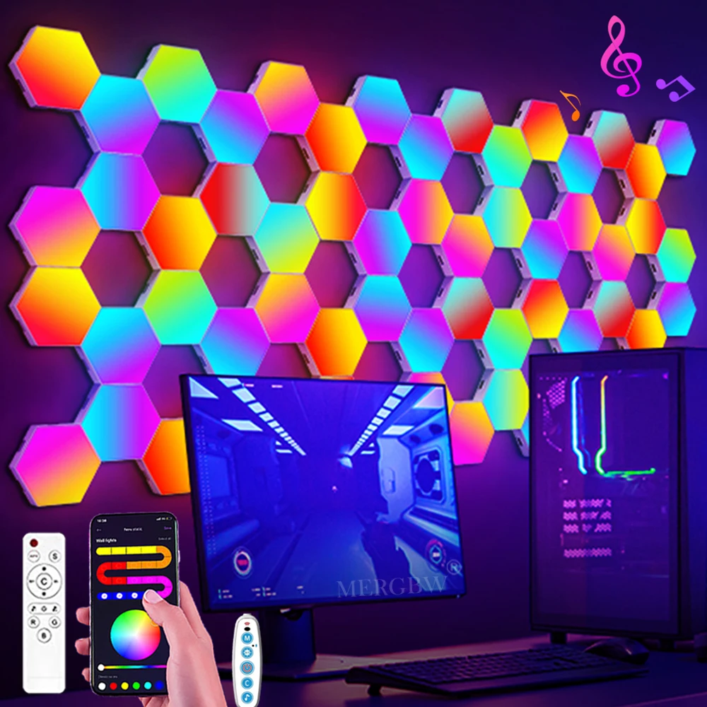 3/8/12/20Pack Hexagon Light Panels Music Sync RGB Hexagonal LED Lights Gaming Night with APP DIY for Home Decor Bed Living Room