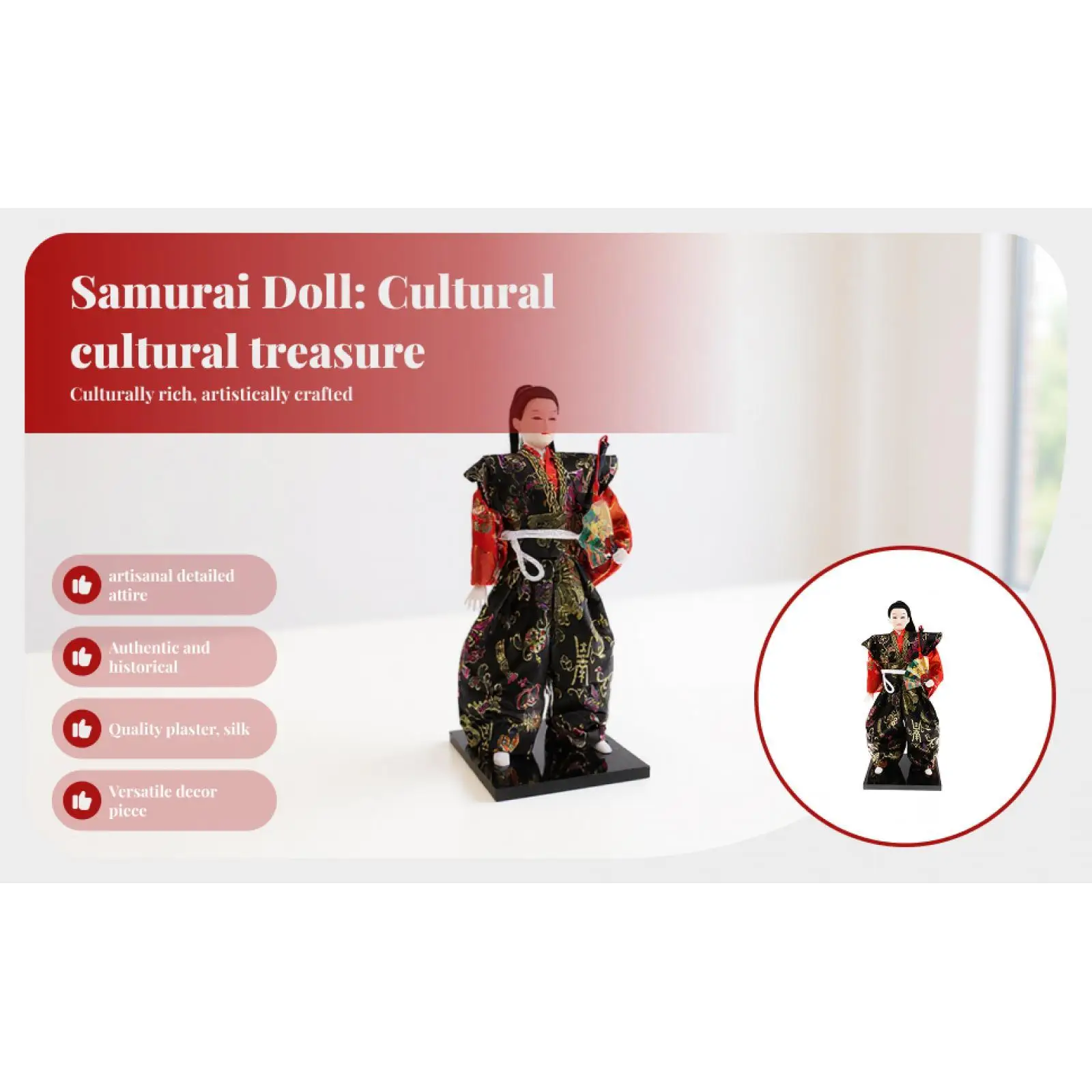 Japanese Samurai Doll Silk Costume Handcrafted Warrior Figurine Oriental Decoration Gift for Home Office