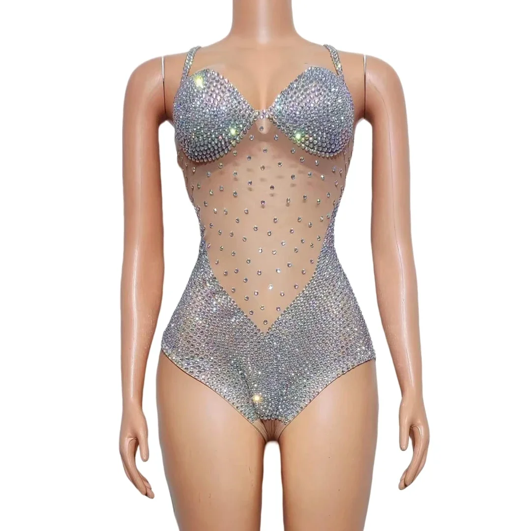 Sparkly Sheer Hot Drilling Process Women Rhinestone Body Suits Club Night Celebrity Stage Wear Birthday Drag Queen Costume 2024